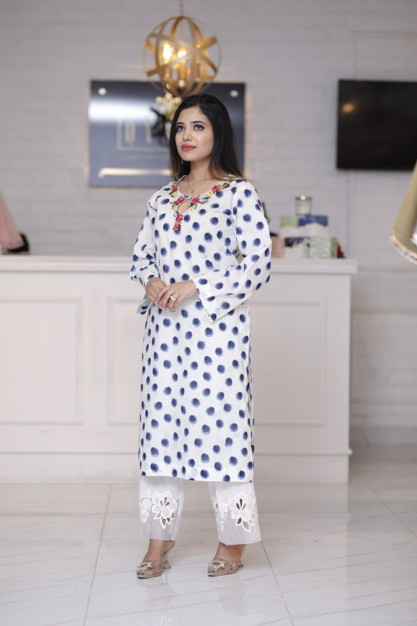Stunning breathable stitched shaded dods shirt adorned with embroidered neckline with shiny mirror work available in all sizes customised stitching also available