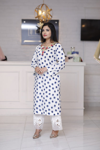 Stunning breathable stitched shaded dods shirt adorned with embroidered neckline with shiny mirror work available in all sizes customised stitching also available