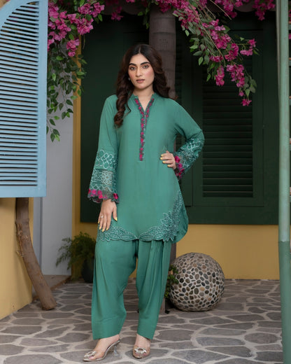 CYRA “Embrace the charm of the season with IZEL crafted with soft hues and adorned with intricate embroidery on bell shape sleeves, long shirt with trouser.