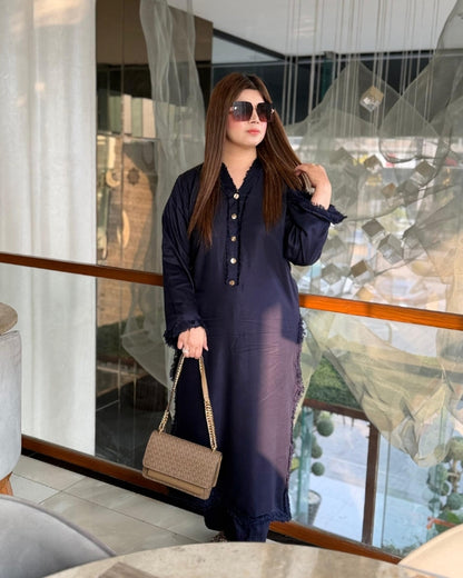 The rich navy tone offers a classic appeal, while subtle thread detailing on the front back daman, front back chaks, sleeves and neckline intricate shinny metal buttons on neckline adds depth without overpowering the design.